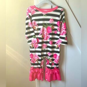 Pretty Pink Floral/Black & White Striped Romper - Size 9-12 months